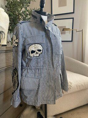 Reworked Sparkle Skull Patchwork Railroad Stripe Military Style Jacket